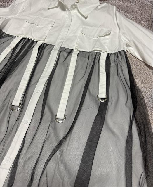 シャツ ワンピース リング付き レース重ね着風 ホワイト 大きいサイズ < 女性ファッション  シャツ ワンピース リング付き レース重ね着風 ホワイト 大きいサイズ < 女性ファッションの