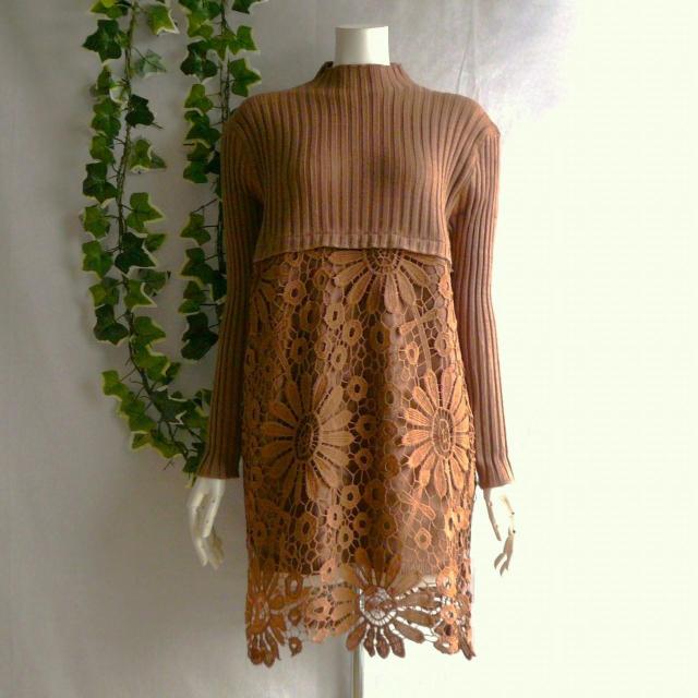 新品 9467 ML 花模様 クロシェ ニット チュニック ワンピース 秋 冬 ブラウン ボトルネック 長袖 リブニット < 女性ファッション 新品 9467 ML 花模様 クロシェ ニット チュニック ワンピース 秋 冬 ブラウン ボトルネック 長袖 リブニット < 女性ファッションの