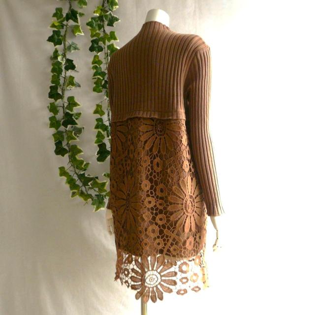 新品 9467 ML 花模様 クロシェ ニット チュニック ワンピース 秋 冬 ブラウン ボトルネック 長袖 リブニット < 女性ファッション 新品 9467 ML 花模様 クロシェ ニット チュニック ワンピース 秋 冬 ブラウン ボトルネック 長袖 リブニット < 女性ファッションの