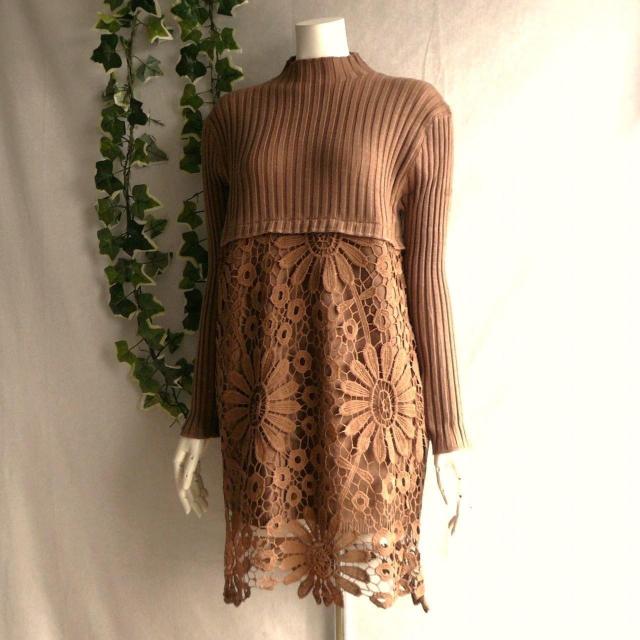 新品 9467 ML 花模様 クロシェ ニット チュニック ワンピース 秋 冬 ブラウン ボトルネック 長袖 リブニット < 女性ファッション 新品 9467 ML 花模様 クロシェ ニット チュニック ワンピース 秋 冬 ブラウン ボトルネック 長袖 リブニット < 女性ファッションの