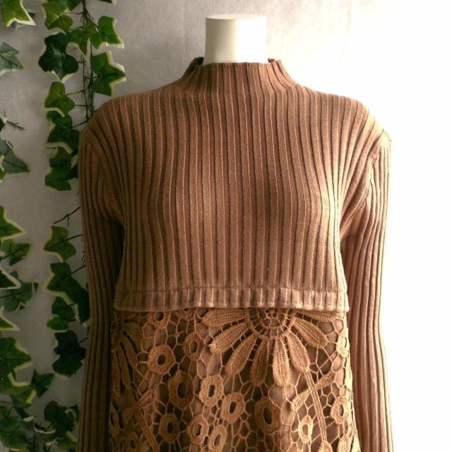 新品 9467 ML 花模様 クロシェ ニット チュニック ワンピース 秋 冬 ブラウン ボトルネック 長袖 リブニット < 女性ファッション 新品 9467 ML 花模様 クロシェ ニット チュニック ワンピース 秋 冬 ブラウン ボトルネック 長袖 リブニット < 女性ファッションの