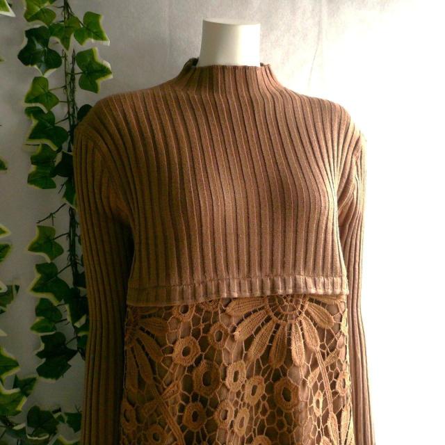 新品 9467 ML 花模様 クロシェ ニット チュニック ワンピース 秋 冬 ブラウン ボトルネック 長袖 リブニット < 女性ファッション 新品 9467 ML 花模様 クロシェ ニット チュニック ワンピース 秋 冬 ブラウン ボトルネック 長袖 リブニット < 女性ファッションの