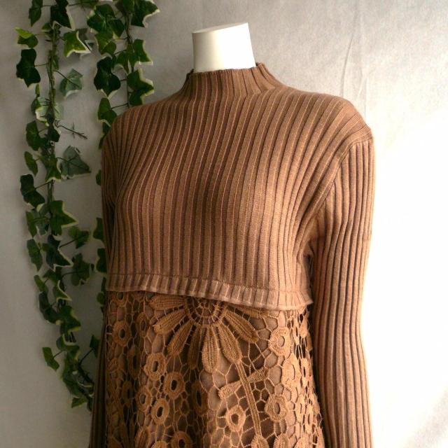 新品 9467 ML 花模様 クロシェ ニット チュニック ワンピース 秋 冬 ブラウン ボトルネック 長袖 リブニット < 女性ファッション 新品 9467 ML 花模様 クロシェ ニット チュニック ワンピース 秋 冬 ブラウン ボトルネック 長袖 リブニット < 女性ファッションの