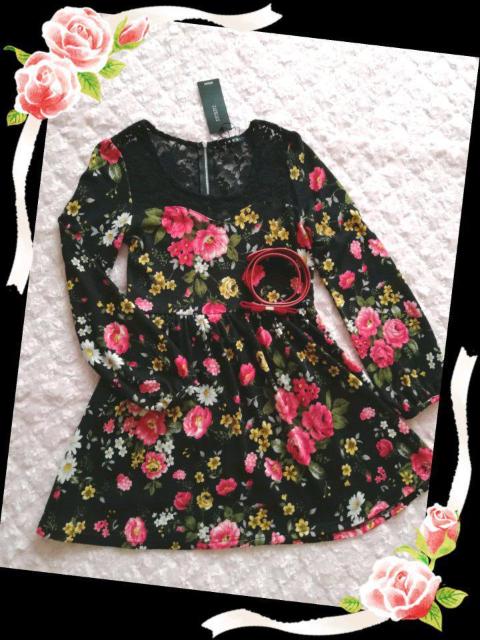 新品☆イング*花柄ワンピ リボンベルト付き(クロ) < ブランド  新品☆イング*花柄ワンピ リボンベルト付き(クロ) < ブランドの