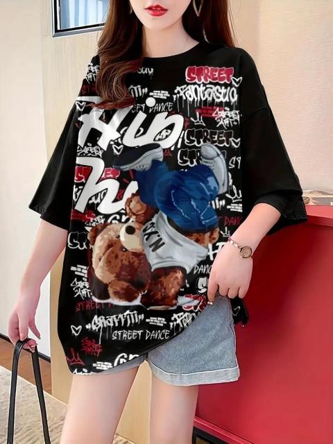 爆ヤス価格990円★シックなプラスサイズの女性用カートゥーンプリントTシャツ - カジュアルクルーネック、半袖 Fサイズ < 女性ファッション  爆ヤス価格990円★シックなプラスサイズの女性用カートゥーンプリントTシャツ - カジュアルクルーネック、半袖 Fサイズ < 女性ファッションの