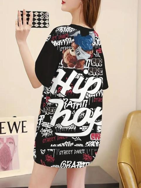 爆ヤス価格990円★シックなプラスサイズの女性用カートゥーンプリントTシャツ - カジュアルクルーネック、半袖 Fサイズ < 女性ファッション  爆ヤス価格990円★シックなプラスサイズの女性用カートゥーンプリントTシャツ - カジュアルクルーネック、半袖 Fサイズ < 女性ファッションの