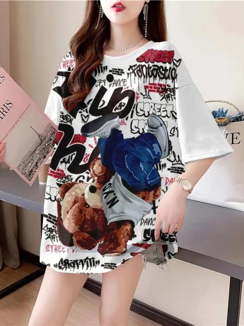 爆ヤス価格990円★シックなプラスサイズの女性用カートゥーンプリントTシャツ - カジュアルクルーネック、半袖 Fサイズ < 女性ファッション  爆ヤス価格990円★シックなプラスサイズの女性用カートゥーンプリントTシャツ - カジュアルクルーネック、半袖 Fサイズ < 女性ファッションの
