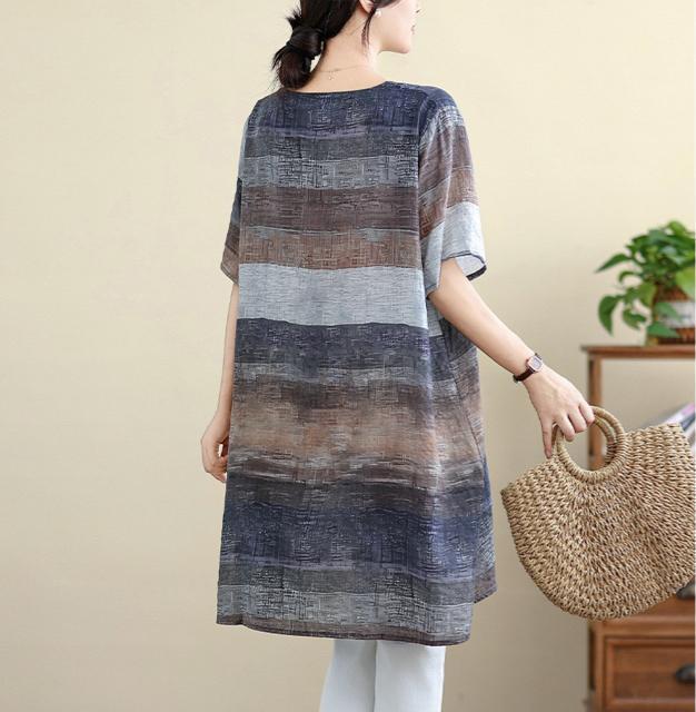 ひざ丈 ワンピース ボーダー柄 グレーブラウン系 大きいサイズ < 女性ファッション  ひざ丈 ワンピース ボーダー柄 グレーブラウン系 大きいサイズ < 女性ファッションの