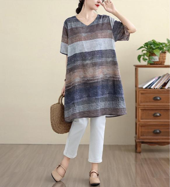 ひざ丈 ワンピース ボーダー柄 グレーブラウン系 大きいサイズ < 女性ファッション  ひざ丈 ワンピース ボーダー柄 グレーブラウン系 大きいサイズ < 女性ファッションの