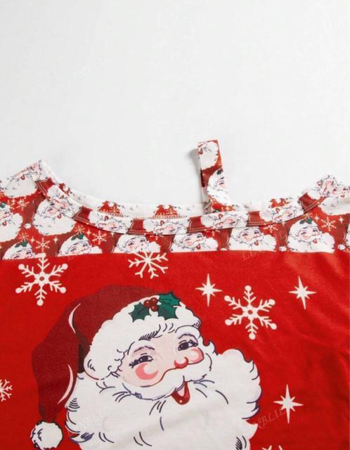 サンタクロース&雪の結晶グラフィックアシンメトリーネックカジュアルTシャツ < 女性ファッション  サンタクロース&雪の結晶グラフィックアシンメトリーネックカジュアルTシャツ < 女性ファッションの