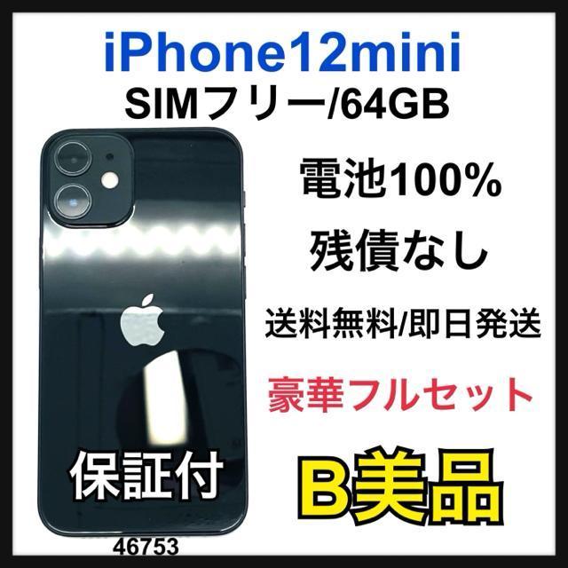 B 100% iPhone 12 mini 64 GB SIM�t���[ �{��  �� �Ɠd/AV�� 
