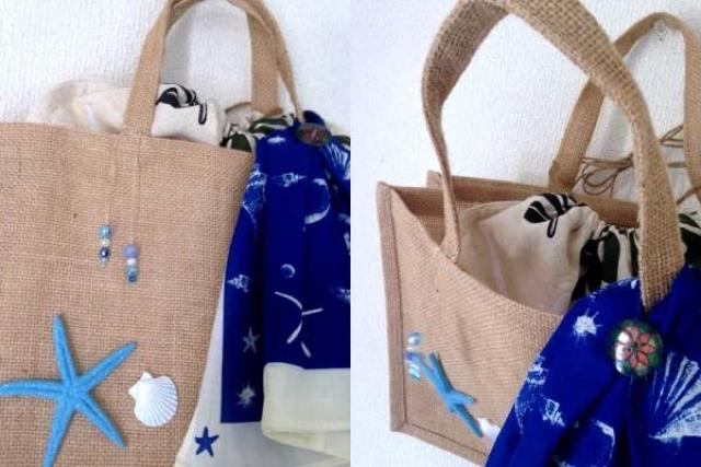 ハンドメイド◆3way♪マリン ハワイアンモンステラリーフ巾着 麻 トートバッグ バンダナ < 女性ファッション  ハンドメイド◆3way♪マリン ハワイアンモンステラリーフ巾着 麻 トートバッグ バンダナ < 女性ファッションの