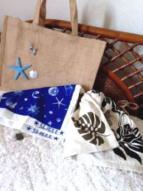 ハンドメイド◆3way♪マリン ハワイアンモンステラリーフ巾着 麻 トートバッグ バンダナ < 女性ファッション  ハンドメイド◆3way♪マリン ハワイアンモンステラリーフ巾着 麻 トートバッグ バンダナ < 女性ファッションの