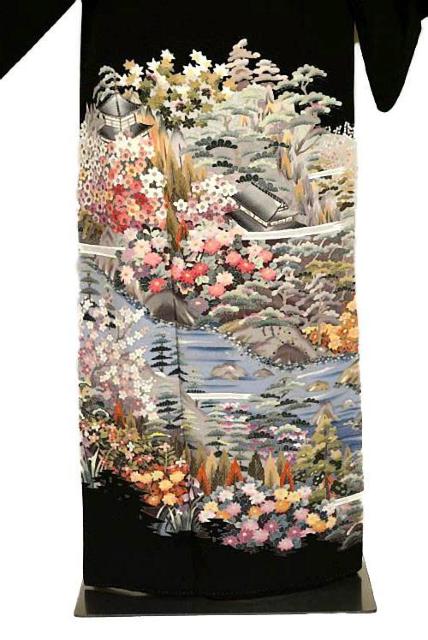 黒留袖 最高峰 本場加賀友禅 土田外男 風景 花柄 比翼付 身丈156.5cm 裄64.5cm クリーニング済 正絹 T3615 < 女性ファッション  黒留袖 最高峰 本場加賀友禅 土田外男 風景 花柄 比翼付 身丈156.5cm 裄64.5cm クリーニング済 正絹 T3615 < 女性ファッションの