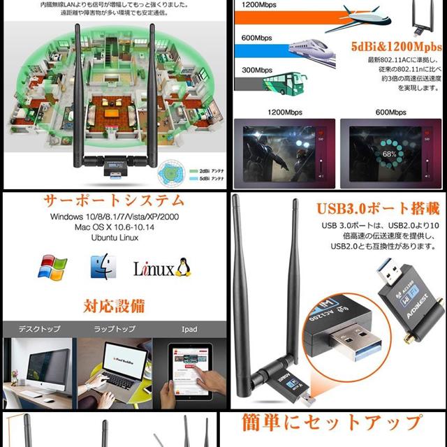 WiFi LAN q@ 1200Mbps USB3.0 5dBi p fAoh  PC{/Ӌ@ 