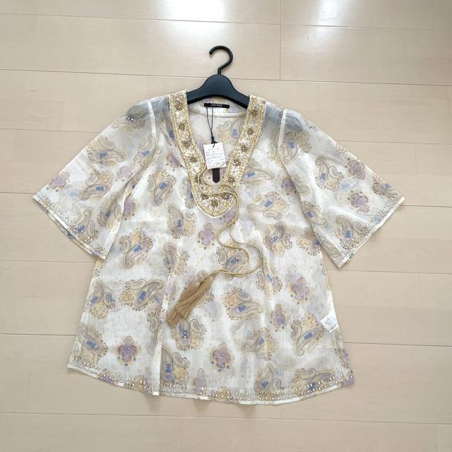 新品 one way タッセル タイネック ビーズ刺繍 シフォンブラウス < 女性ファッション  新品 one way タッセル タイネック ビーズ刺繍 シフォンブラウス < 女性ファッションの