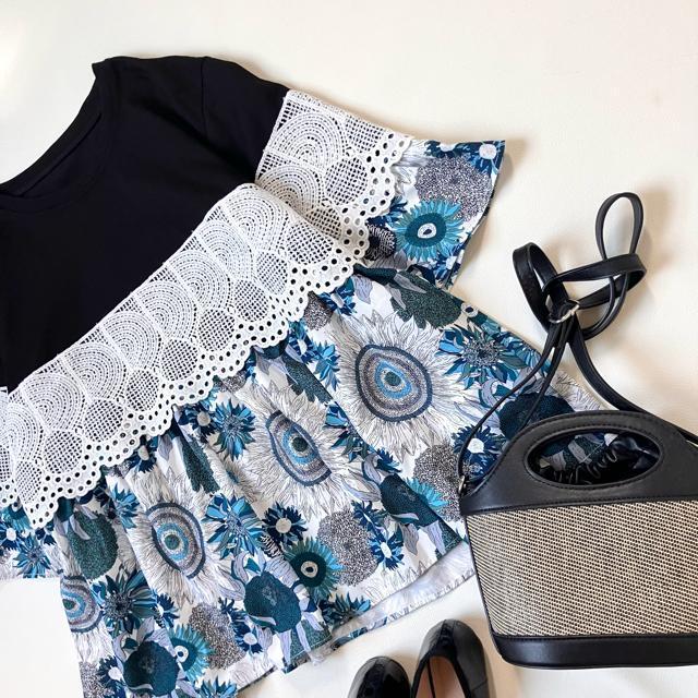 ◆美品◆サザン◆レース使い花柄七分袖切替カットソー◆五分袖◆フリー◆黒×青 < 女性ファッション  ◆美品◆サザン◆レース使い花柄七分袖切替カットソー◆五分袖◆フリー◆黒×青 < 女性ファッションの