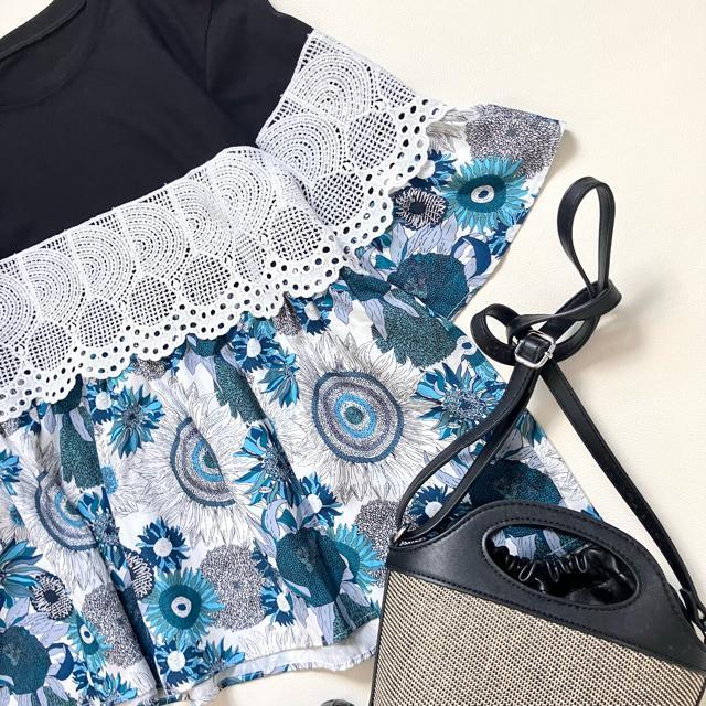 ◆美品◆サザン◆レース使い花柄七分袖切替カットソー◆五分袖◆フリー◆黒×青 < 女性ファッション  ◆美品◆サザン◆レース使い花柄七分袖切替カットソー◆五分袖◆フリー◆黒×青 < 女性ファッションの