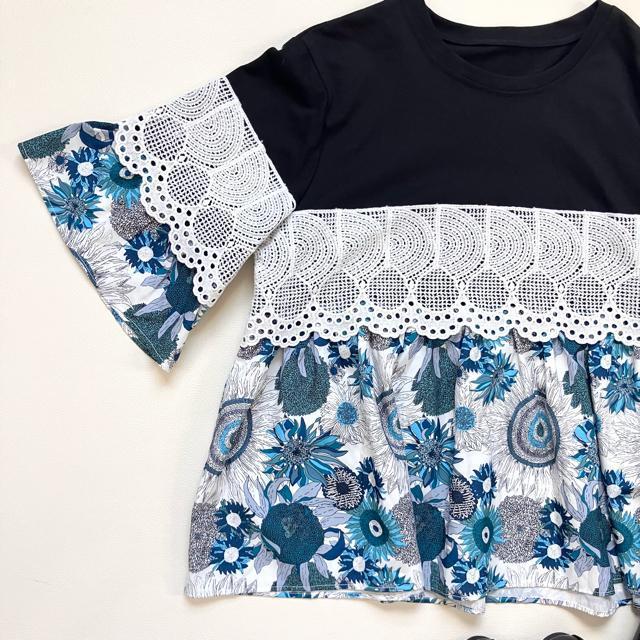 ◆美品◆サザン◆レース使い花柄七分袖切替カットソー◆五分袖◆フリー◆黒×青 < 女性ファッション  ◆美品◆サザン◆レース使い花柄七分袖切替カットソー◆五分袖◆フリー◆黒×青 < 女性ファッションの
