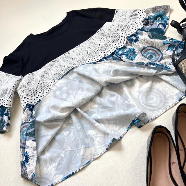 ◆美品◆サザン◆レース使い花柄七分袖切替カットソー◆五分袖◆フリー◆黒×青 < 女性ファッション  ◆美品◆サザン◆レース使い花柄七分袖切替カットソー◆五分袖◆フリー◆黒×青 < 女性ファッションの