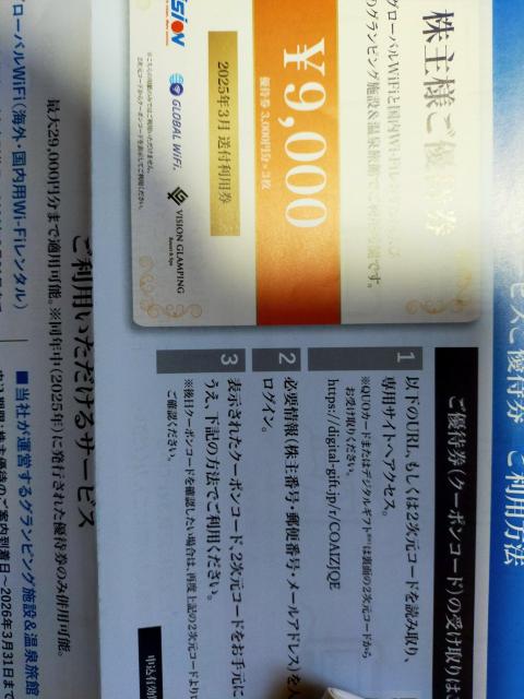ビジョン株主優待券 9000円分 2026.3.31まで < チケット/金券  ビジョン株主優待券 9000円分 2026.3.31まで  < チケット/金券の