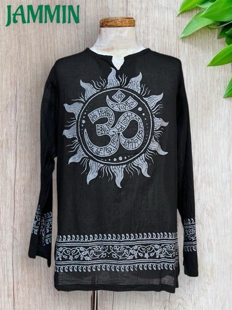 オーム太陽クルタ 黒 アジアン エスニック ヒッピー サイケ < 男性ファッション オーム太陽クルタ 黒 アジアン エスニック ヒッピー サイケ < 男性ファッションの