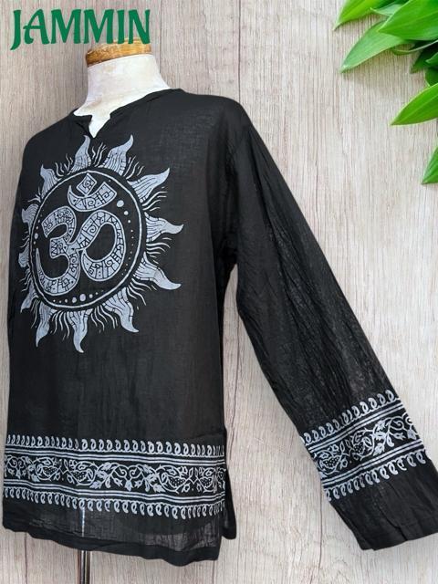 オーム太陽クルタ 黒 アジアン エスニック ヒッピー サイケ < 男性ファッション オーム太陽クルタ 黒 アジアン エスニック ヒッピー サイケ < 男性ファッションの