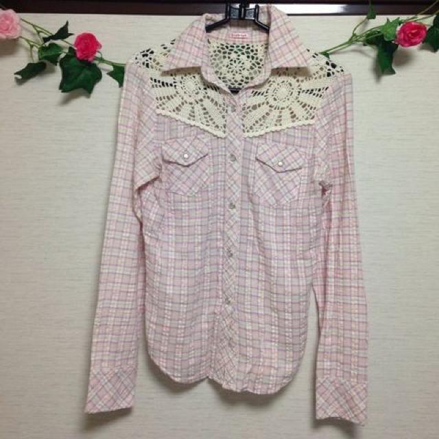 style lab◆チェック かぎ編み ピンク ブラウス シャツ M < 女性ファッション  style lab◆チェック かぎ編み ピンク ブラウス シャツ M < 女性ファッションの