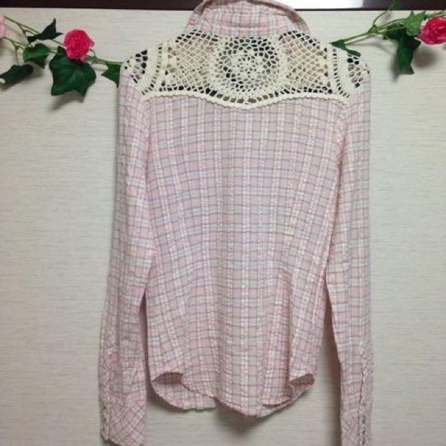 style lab◆チェック かぎ編み ピンク ブラウス シャツ M < 女性ファッション  style lab◆チェック かぎ編み ピンク ブラウス シャツ M < 女性ファッションの