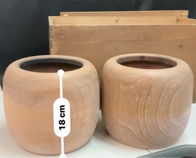 火鉢 2つセット 木箱付き アンティーク 木目調 陶器 高さ約19cm幅約21c < ホビー  火鉢 2つセット 木箱付き アンティーク 木目調 陶器 高さ約19cm幅約21c < ホビーの