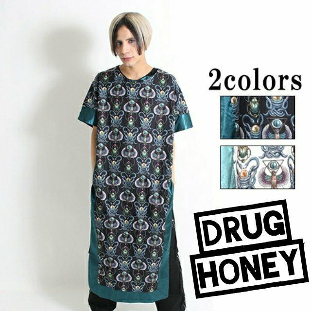 Drughoney【ユニセックス】埃及宝飾柄サテンロングスリット入り < 女性ファッション  Drughoney【ユニセックス】埃及宝飾柄サテンロングスリット入り  < 女性ファッションの