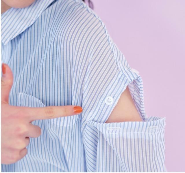 150★BISKEE★シアーストライプ肩開きブラウス★新品★送料無料 < キッズ/ベビー  150★BISKEE★シアーストライプ肩開きブラウス★新品★送料無料 < キッズ/ベビーの