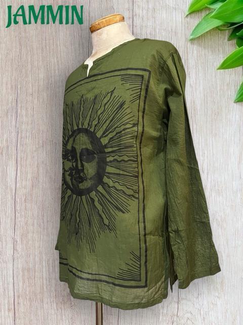 太陽&月クルタ カーキ アジアン エスニック ヒッピー サイケ < 男性ファッション 太陽&月クルタ カーキ アジアン エスニック ヒッピー サイケ < 男性ファッションの