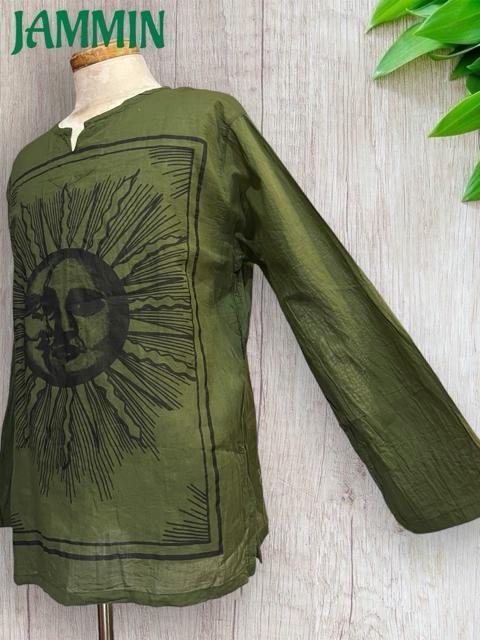 太陽&月クルタ カーキ アジアン エスニック ヒッピー サイケ < 男性ファッション 太陽&月クルタ カーキ アジアン エスニック ヒッピー サイケ < 男性ファッションの