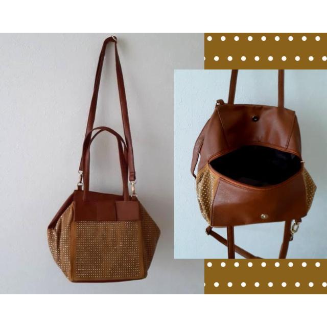ベージュ スタッズ リボン マチたっぷり 2way ショルダーバッグ ハンドバッグ < 女性ファッション  ベージュ スタッズ リボン マチたっぷり 2way ショルダーバッグ ハンドバッグ  < 女性ファッションの