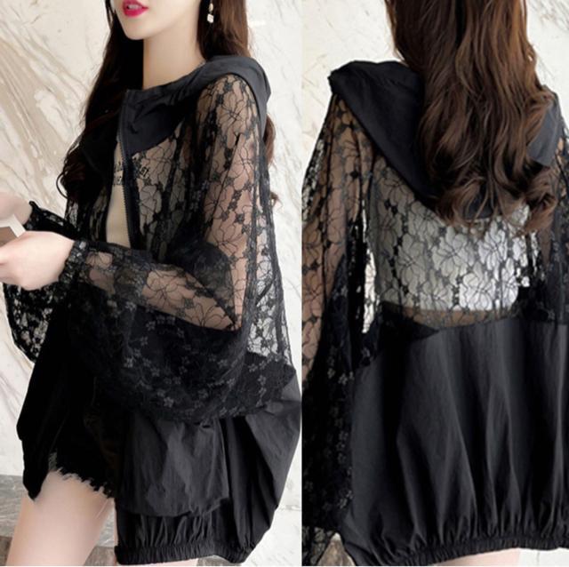 パーカー カーディガン レース切り替え 前開き ジップアップ ブラック 大きいサイズ < 女性ファッション パーカー カーディガン レース切り替え 前開き ジップアップ ブラック 大きいサイズ < 女性ファッションの