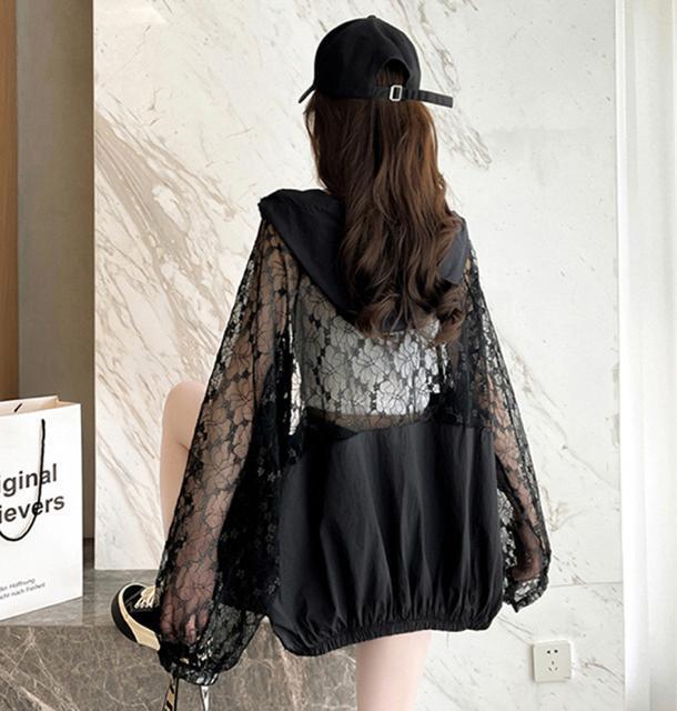 パーカー カーディガン レース切り替え 前開き ジップアップ ブラック 大きいサイズ < 女性ファッション パーカー カーディガン レース切り替え 前開き ジップアップ ブラック 大きいサイズ < 女性ファッションの