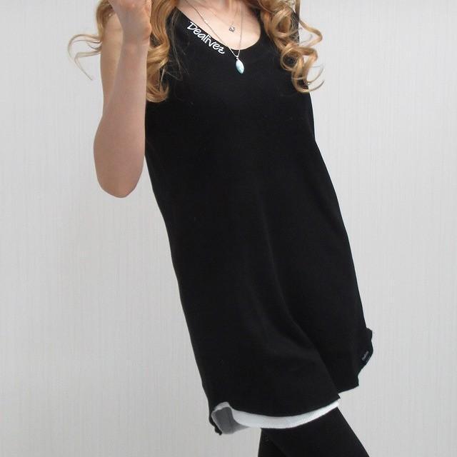NEW最新/黒【Dealivezロゴ】タンクトップ ラウンドカット ワッフル サーマル ロング丈 重ね着にも < 女性ファッション  NEW最新/黒【Dealivezロゴ】タンクトップ ラウンドカット ワッフル サーマル ロング丈 重ね着にも < 女性ファッションの
