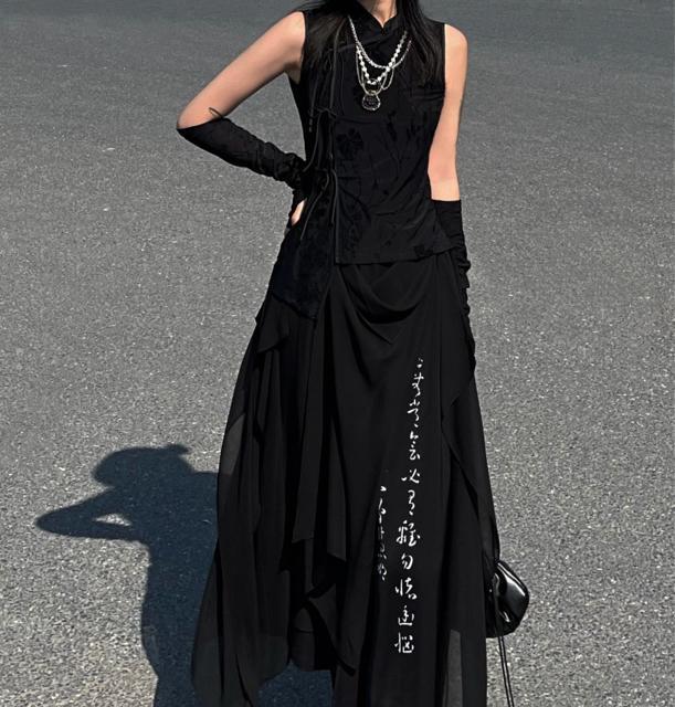 重ね着風 シフォン切り替え スカンツ ガウチョパンツ パンツ ブラック 大きいサイズ < 女性ファッション  重ね着風 シフォン切り替え スカンツ ガウチョパンツ パンツ ブラック 大きいサイズ < 女性ファッションの
