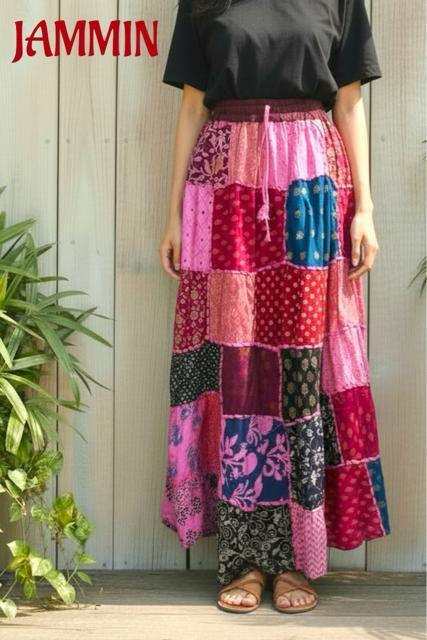 パッチワークロングスカート アジアン ピンク エスニック ヒッピー < 女性ファッション パッチワークロングスカート アジアン ピンク エスニック ヒッピー < 女性ファッションの