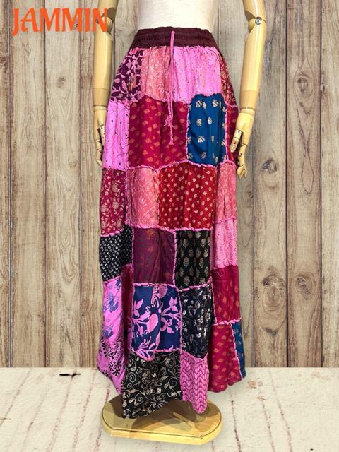 パッチワークロングスカート アジアン ピンク エスニック ヒッピー < 女性ファッション パッチワークロングスカート アジアン ピンク エスニック ヒッピー < 女性ファッションの