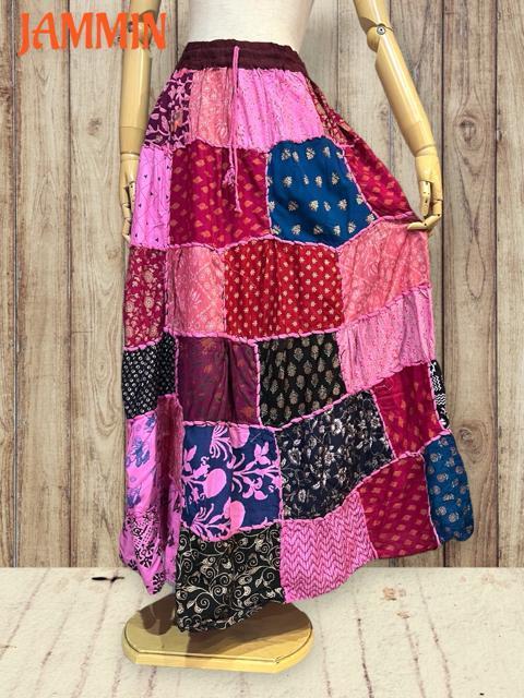 パッチワークロングスカート アジアン ピンク エスニック ヒッピー < 女性ファッション パッチワークロングスカート アジアン ピンク エスニック ヒッピー < 女性ファッションの