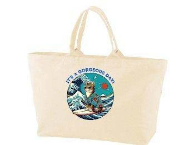 ヘヴィー キャンバス ジップトートバッグ ナチュラル猫 海 浮世絵 < 女性ファッション ヘヴィー キャンバス ジップトートバッグ ナチュラル猫 海 浮世絵 < 女性ファッションの