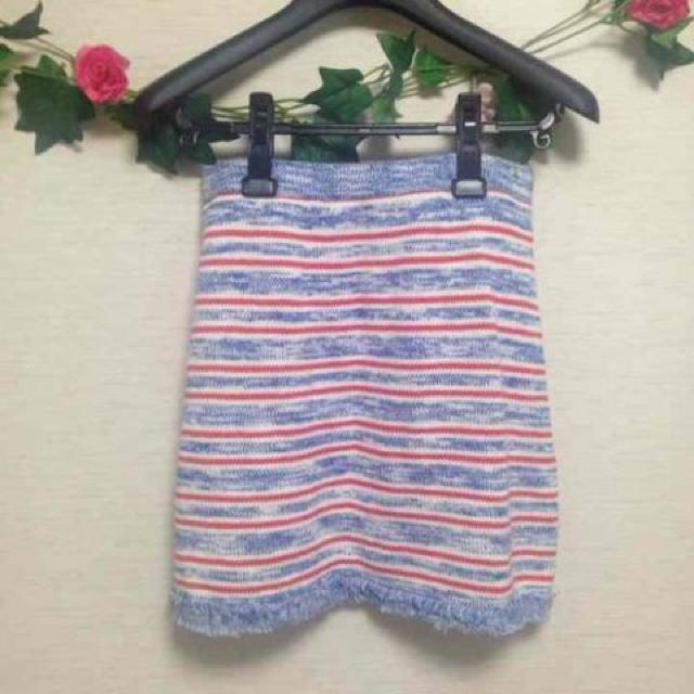 新品 マリンボーダー ブルー ニット 台形スカート ウエストゴ < 女性ファッション  新品 マリンボーダー ブルー ニット 台形スカート ウエストゴ  < 女性ファッションの