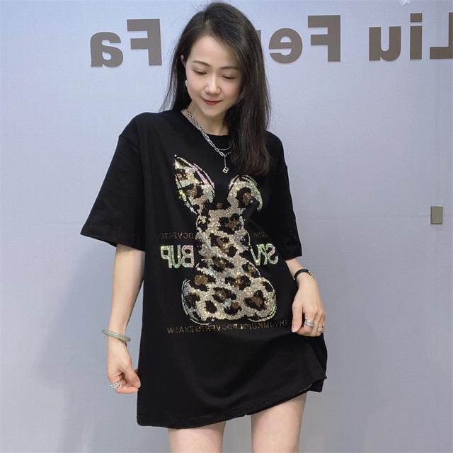 キラキララインストーン付き うさぎ柄 ロングtシャツ ゆったり ブラック 大きいサイズ < 女性ファッション キラキララインストーン付き うさぎ柄 ロングtシャツ ゆったり ブラック 大きいサイズ < 女性ファッションの