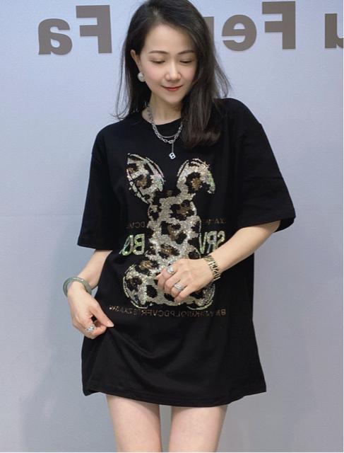 キラキララインストーン付き うさぎ柄 ロングtシャツ ゆったり ブラック 大きいサイズ < 女性ファッション キラキララインストーン付き うさぎ柄 ロングtシャツ ゆったり ブラック 大きいサイズ < 女性ファッションの