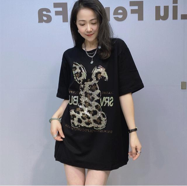 キラキララインストーン付き うさぎ柄 ロングtシャツ ゆったり ブラック 大きいサイズ < 女性ファッション キラキララインストーン付き うさぎ柄 ロングtシャツ ゆったり ブラック 大きいサイズ < 女性ファッションの