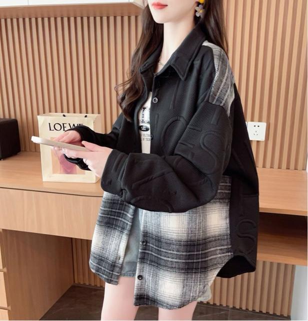 エンボス加工 起毛素材チェック柄切り替え 前開き シャツトップス ブラック 大きいサイズ < 女性ファッション エンボス加工 起毛素材チェック柄切り替え 前開き シャツトップス ブラック 大きいサイズ < 女性ファッションの