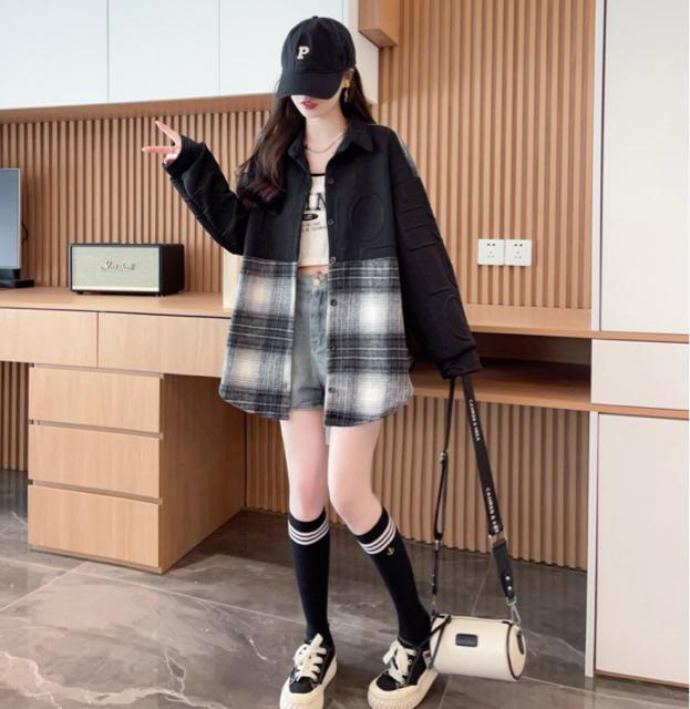 エンボス加工 起毛素材チェック柄切り替え 前開き シャツトップス ブラック 大きいサイズ < 女性ファッション エンボス加工 起毛素材チェック柄切り替え 前開き シャツトップス ブラック 大きいサイズ < 女性ファッションの