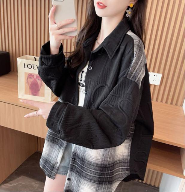 エンボス加工 起毛素材チェック柄切り替え 前開き シャツトップス ブラック 大きいサイズ < 女性ファッション エンボス加工 起毛素材チェック柄切り替え 前開き シャツトップス ブラック 大きいサイズ < 女性ファッションの